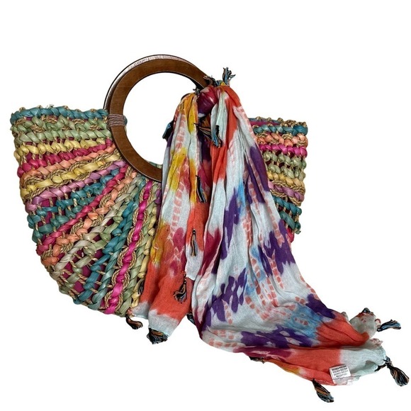 Cappelli Straworld Inc Purse, Multicolored, Wooden Handles, (scarf bonus!) - Picture 8 of 8